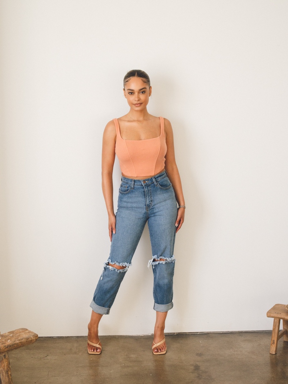 Peach pink cropped bustier style top (jeans sold separately)
